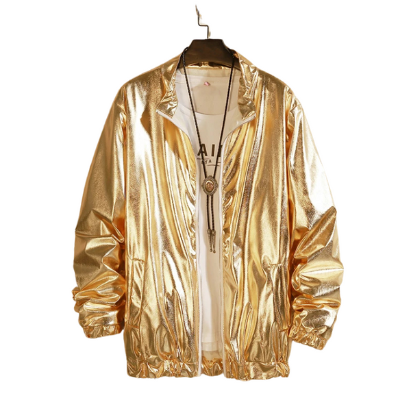 Front-facing metallic gold zip jacket on a hanger over a white shirt and pendant necklace