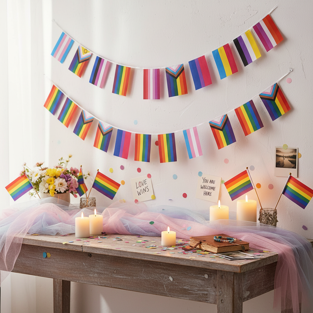 Two rows of LGBTQ+ rainbow and pride flag bunting above a candlelit decorated table