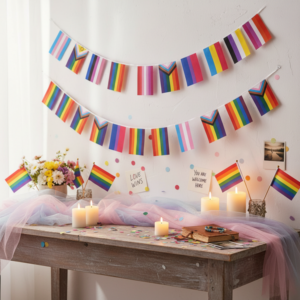 Two rows of LGBTQ+ rainbow and pride flag bunting above a candlelit decorated table