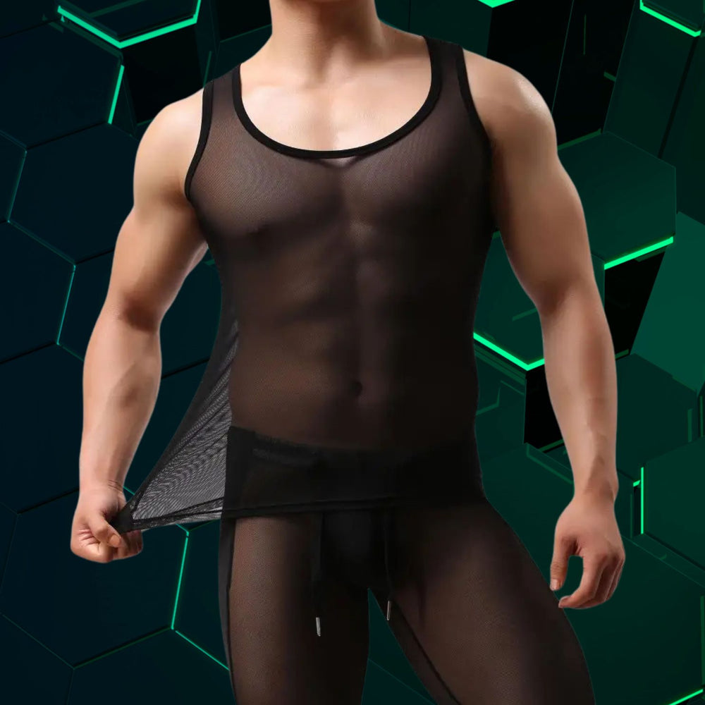 Muscular model wears a black sheer mesh tank-style vest, pulling out the side hem