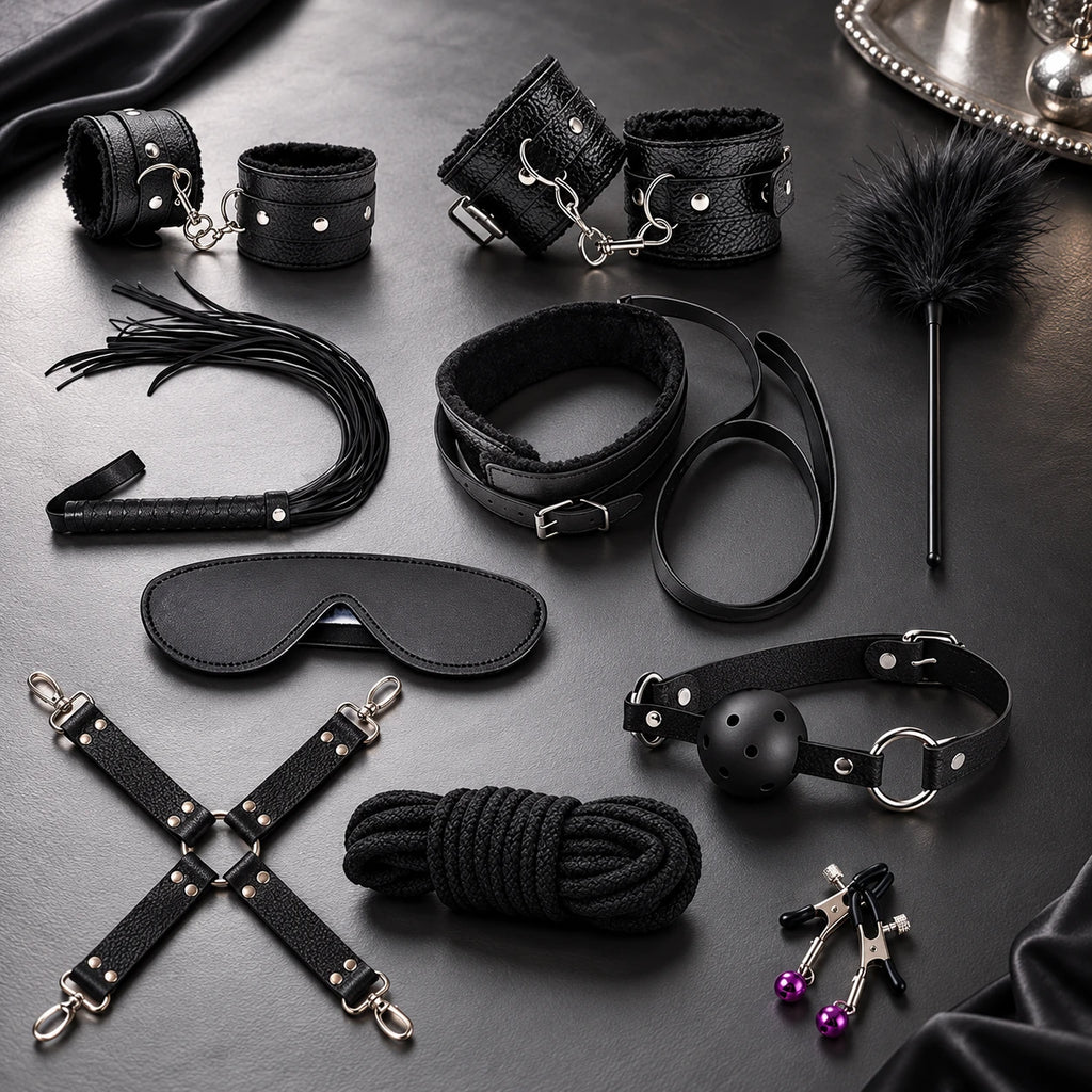 Black kit: complete display showing matching plush-lined components and metal fastenings from the BDSM Starter Kit.