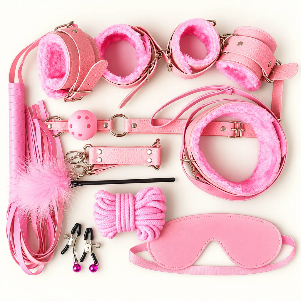 Pink BDSM starter kit arranged on ivory with plush-lined cuffs, collar and leash, blindfold, rope, gag, flogger, feather tickler and clamps.