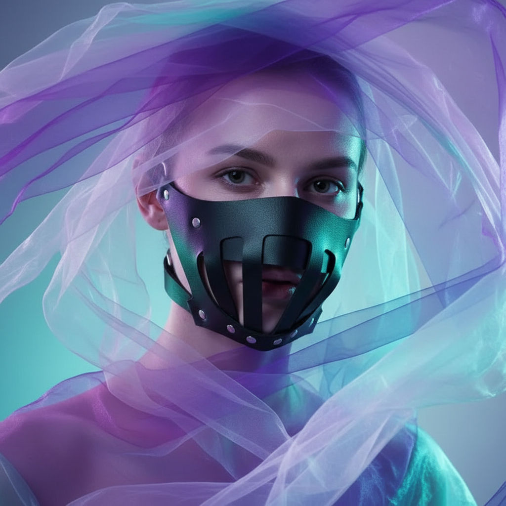 Front-facing model wearing a black leather bondage mouth-cover mask with metal studs