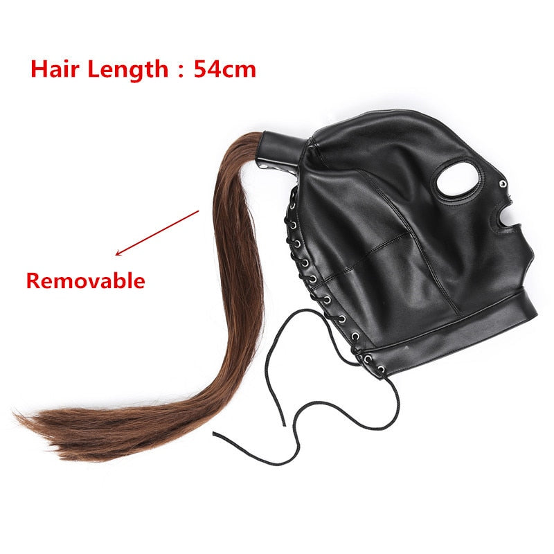 Black leather bondage hood with eye and mouth openings, lacing, and a long removable brown ponytail
