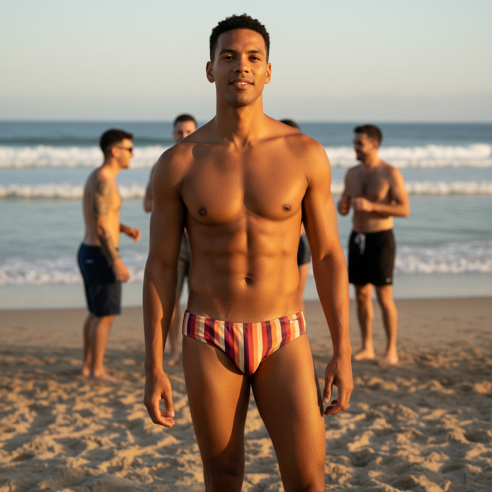 A man in Bondi Striped Swim Briefs stands facing the camera on a sunny beach as three others chat near the sparkling ocean.