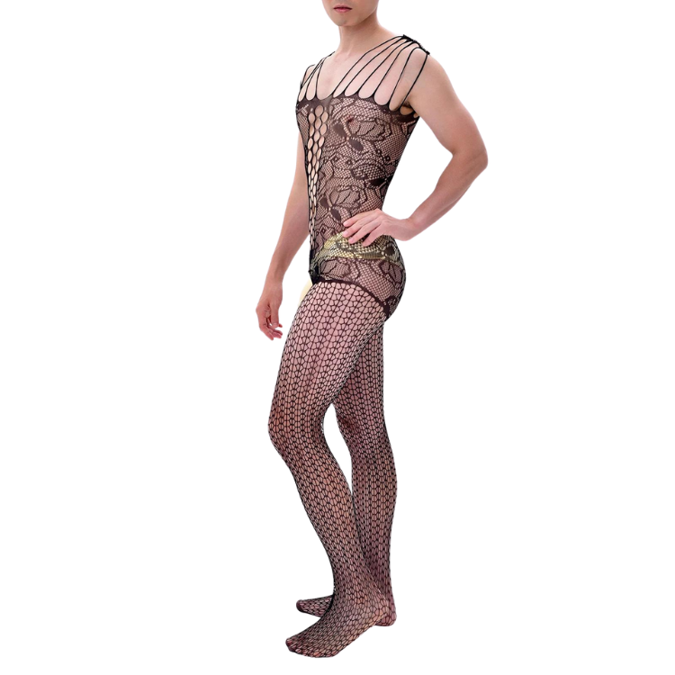 Front three-quarter view of a model wearing a black floral lace bodysuit with fishnet legs