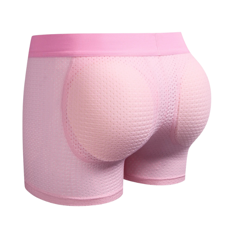 Close-up front view of pink mesh padded boxer briefs with a contoured pouch