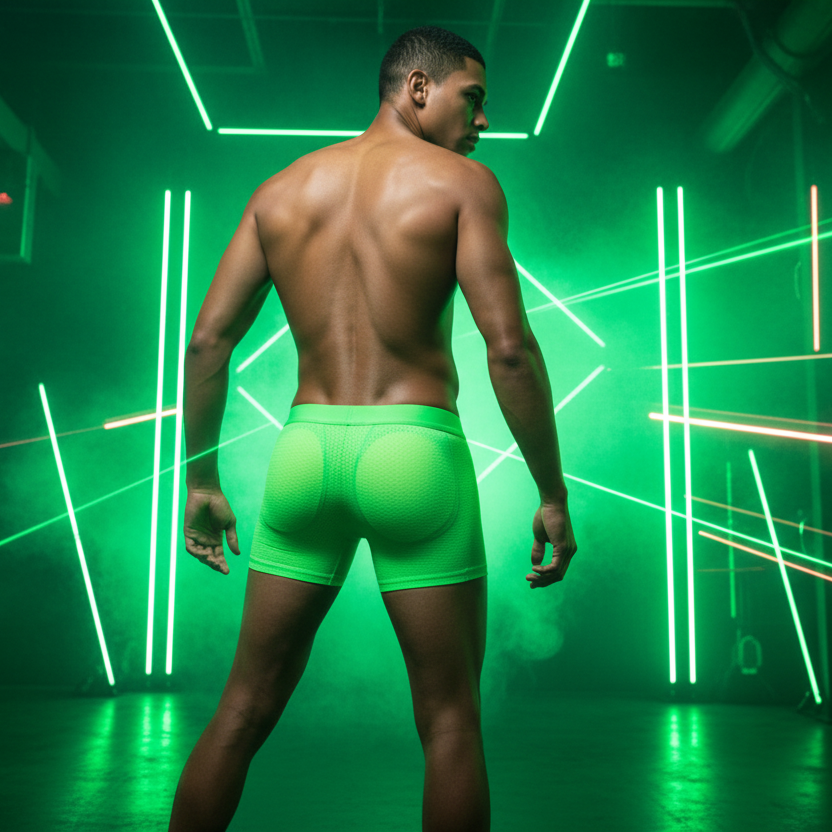 Rear view of a model wearing bright green padded boxer briefs in a neon-lit studio