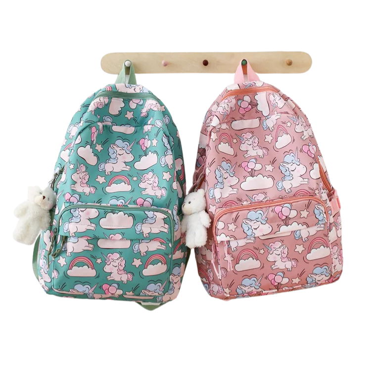 Front view of a mint and pink unicorn-print backpack set with two backpacks and plush charms
