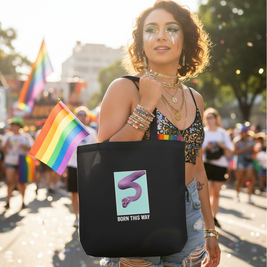 Person carries a black tote with a purple snake and “BORN THIS WAY” at a Pride parade