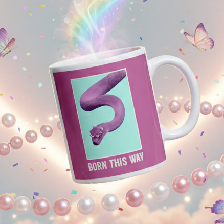 Ceramic mug with "BORN THIS WAY" and a purple snake, decked in pearls, butterflies, confetti, pastel clouds
