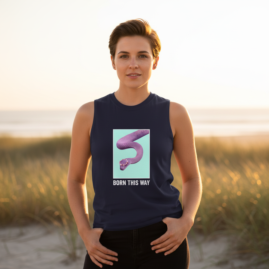 Born This Way navy muscle tank, unisex fit, bold purple snake and “BORN THIS WAY” text