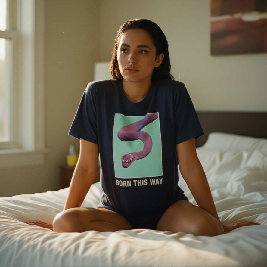 Born This Way T-Shirt in cotton, featuring a snake in an S shape and "BORN THIS WAY" slogan