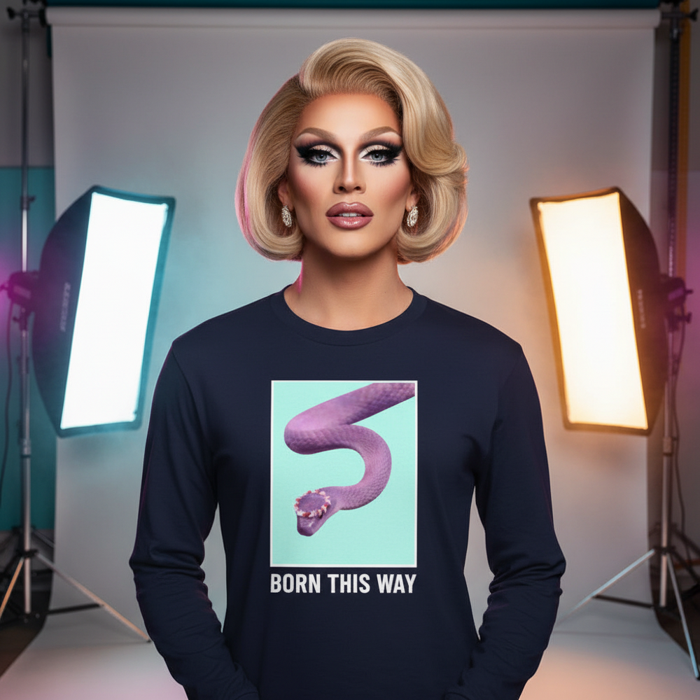 Born This Way Unisex Long Sleeve T-Shirt in navy, with a bold purple snake graphic; drag queen model