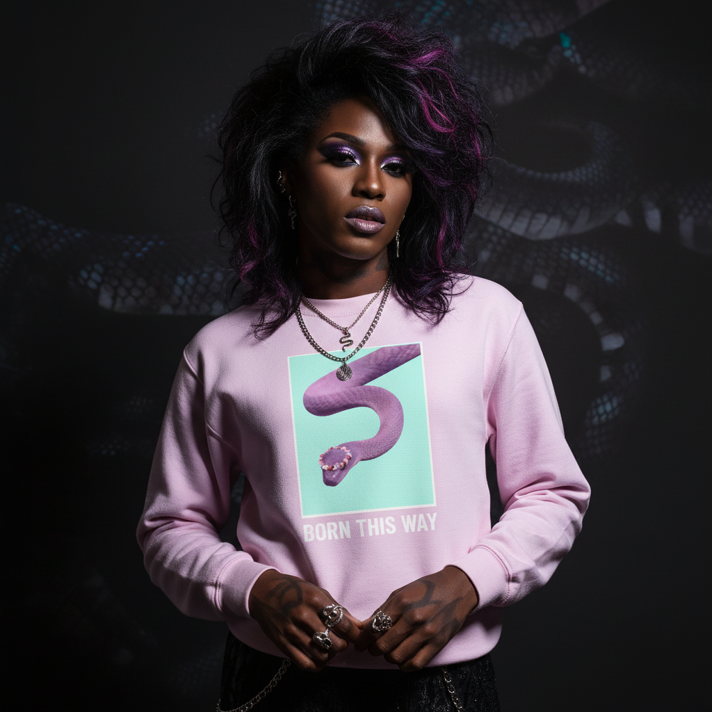 Born This Way Unisex Sweatshirt in pink, purple snake graphic, "BORN THIS WAY" text
