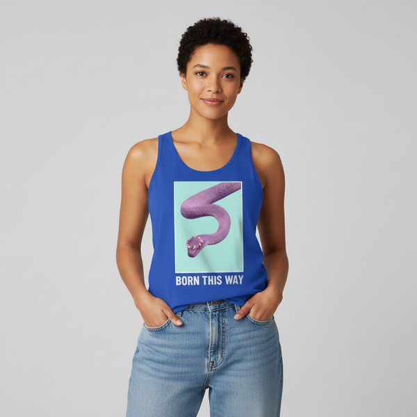 Born This Way Unisex Tank Top in blue with a purple snake and “BORN THIS WAY” slogan, worn by a person with short curly hair.