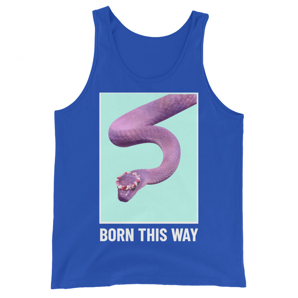 Blue tank top with a floral-crowned purple snake and “BORN THIS WAY” text