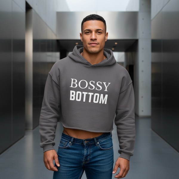 Bossy Bottom Crop Hoodie, gray with bold 