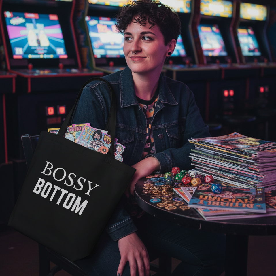 Person holding a black BOSSY BOTTOM tote beside dice, magazines, and arcade games