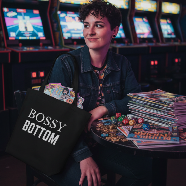 Person holding a black BOSSY BOTTOM tote beside dice, magazines, and arcade games