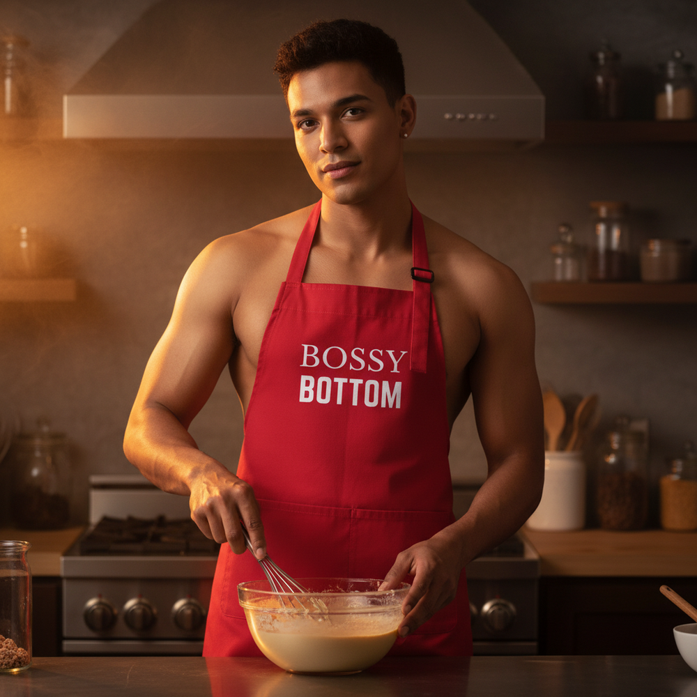 Person wearing a red “BOSSY BOTTOM” apron while whisking batter in a kitchen