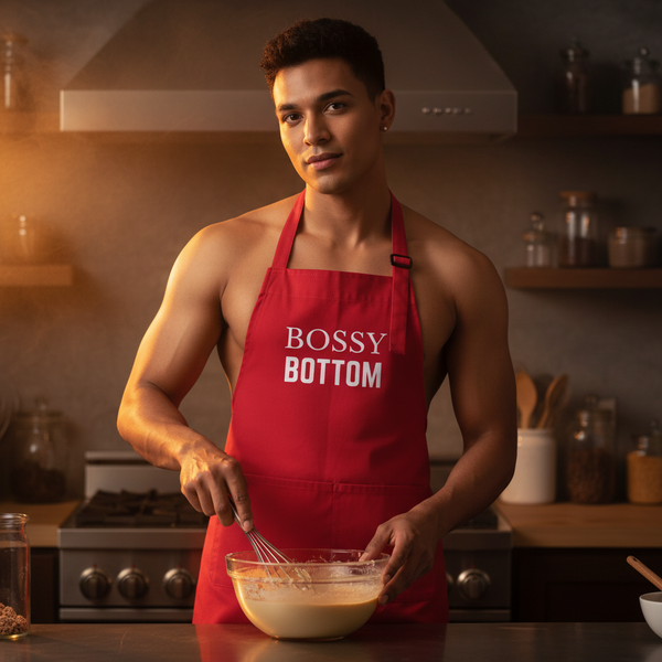 Person wearing a red “BOSSY BOTTOM” apron while whisking batter in a kitchen