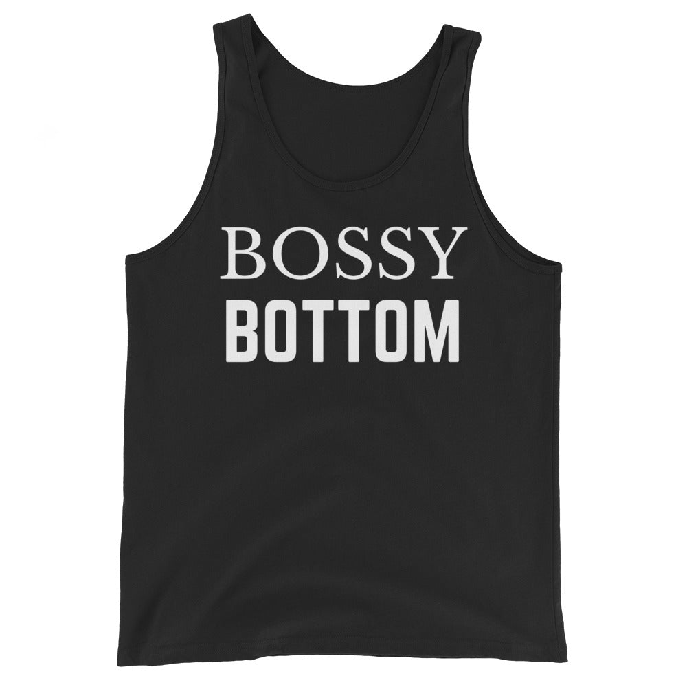 Front view of a black tank top reading “BOSSY BOTTOM” in white lettering