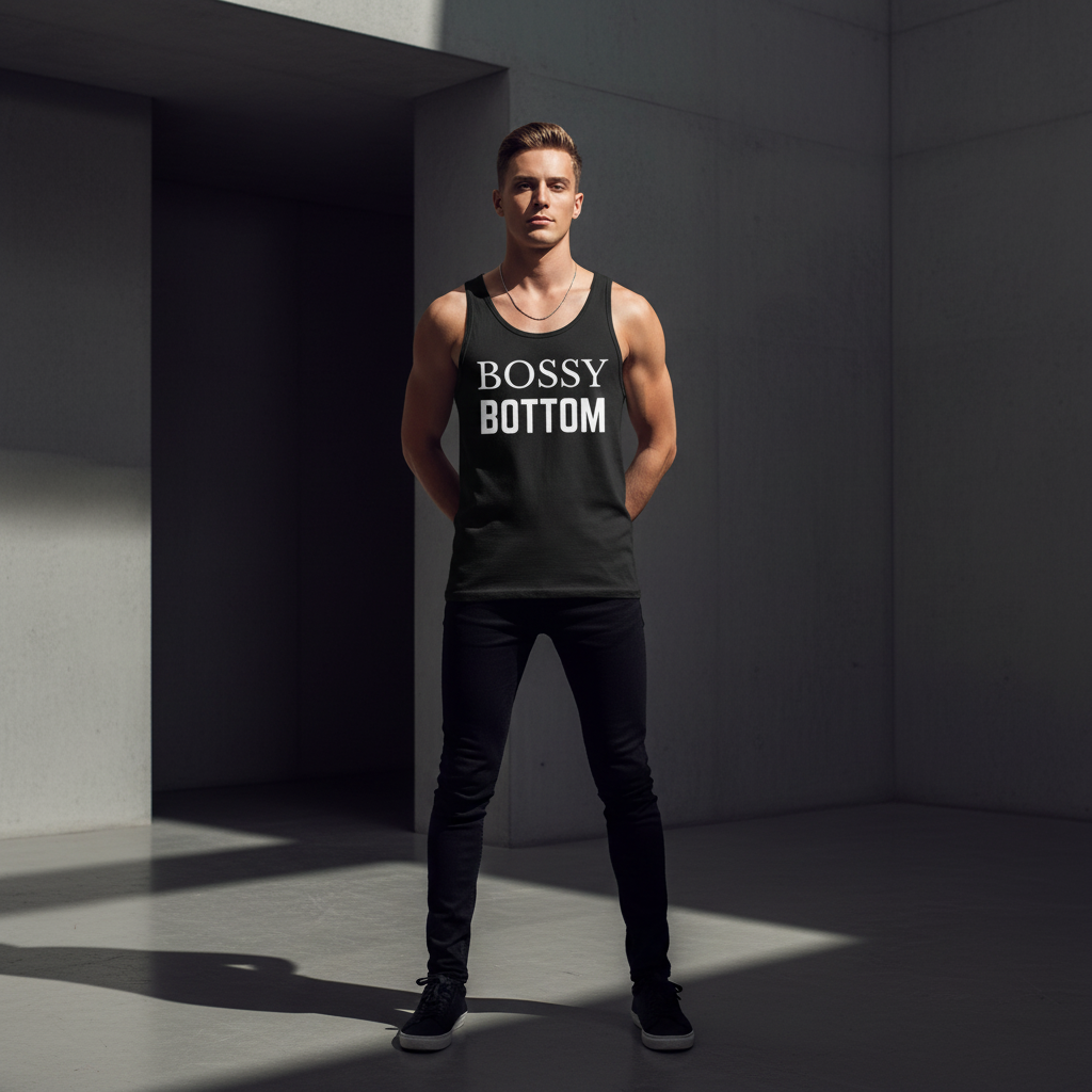 Bossy Bottom Unisex Tank Top in black, sleeveless with bold white “BOSSY BOTTOM” print, worn confidently in a sunlit room.
