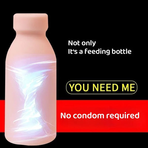 Pink bottle-shaped masturbator beside text reading “Not only It's a feeding bottle”