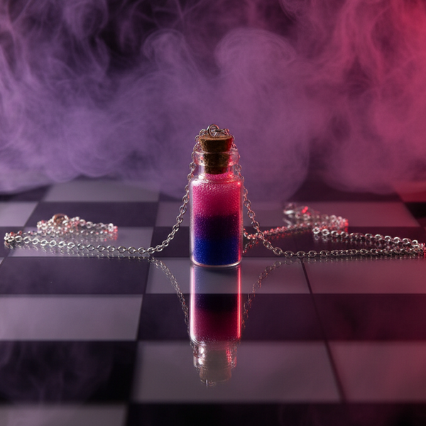 Glass vial pendant with pink, purple, and blue contents on a silver chain