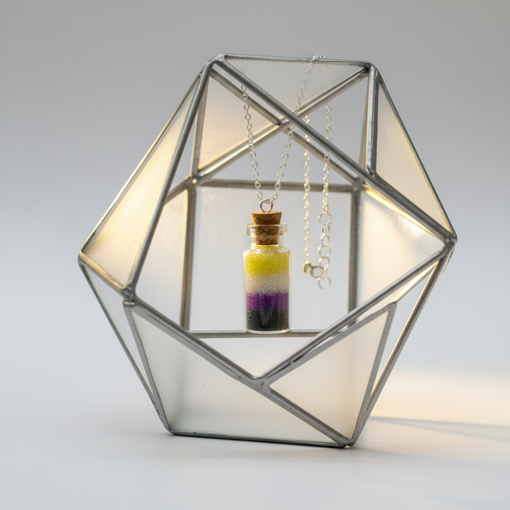 Glass vial necklace with layered yellow, purple, and black contents, displayed in a geometric holder