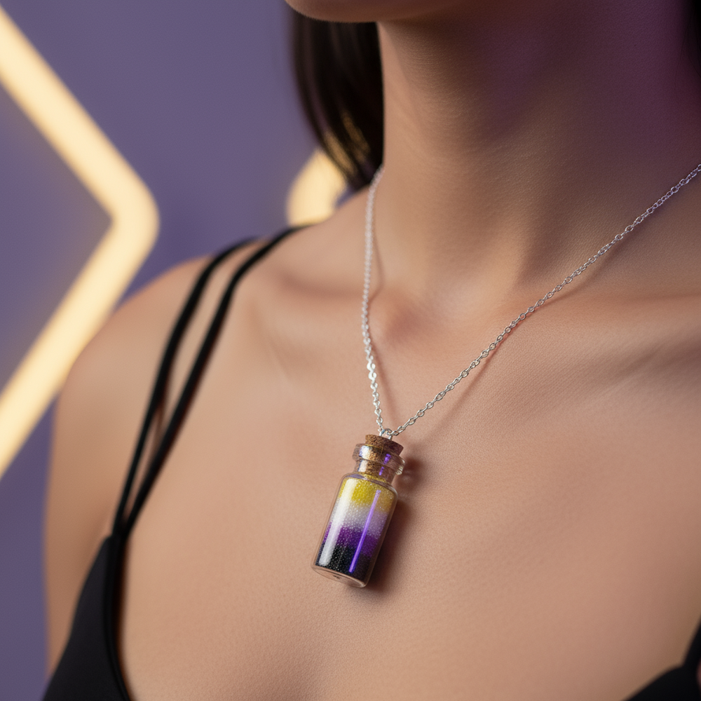 Close-up of a silver chain and glass vial pendant with yellow, white, purple, and black layers