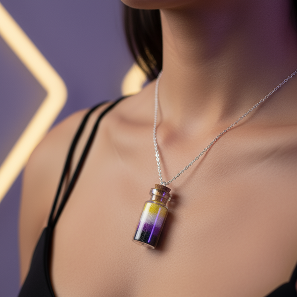 Close-up of a silver chain and glass vial pendant with yellow, white, purple, and black layers