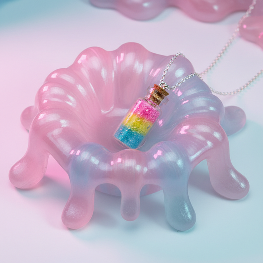 Glass vial necklace with pink, yellow, and blue glitter on a glossy pink dish