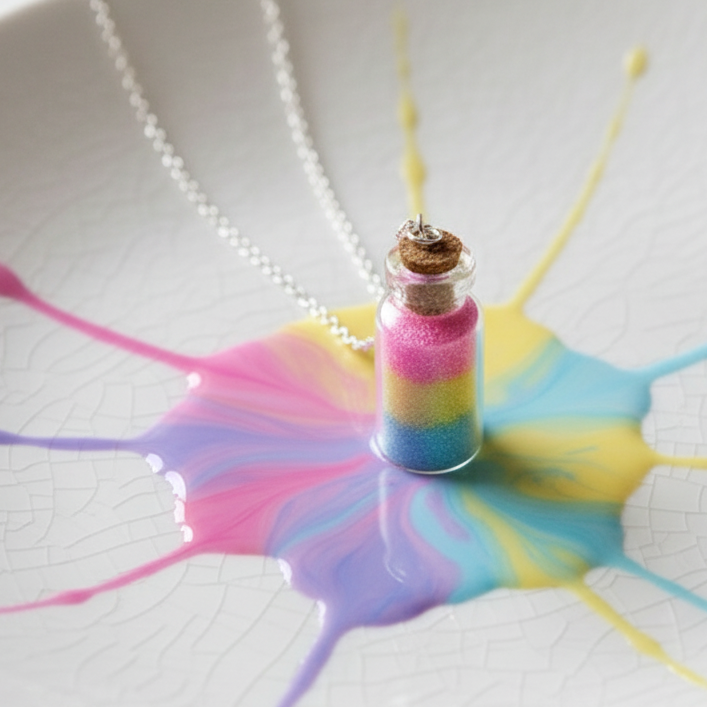 Small glass vial pendant with pink, yellow, and blue glitter on a silver chain