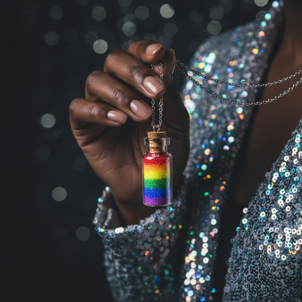 Hand holding a glass vial necklace filled with rainbow-colored layers