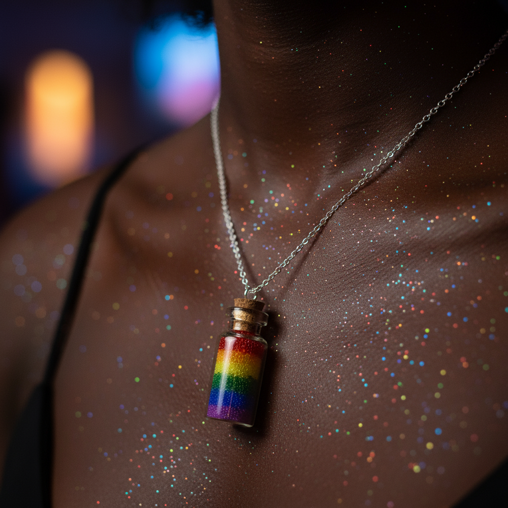 Close-up of a rainbow-filled glass vial pendant on a silver chain against glittered skin