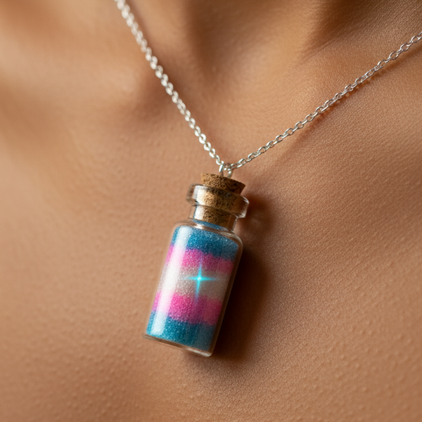 Close-up of a glass vial necklace with blue, pink, and white striped contents on skin