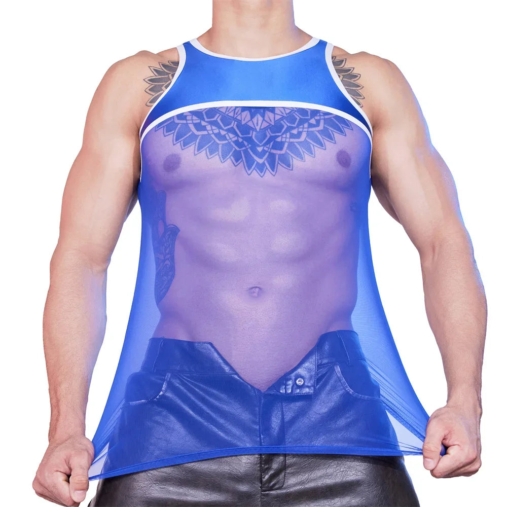 Front view of a model wearing a sheer blue mesh tank vest with white trim