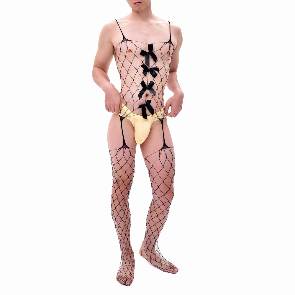 Front view of a model wearing a black fishnet male bodystocking with four bows