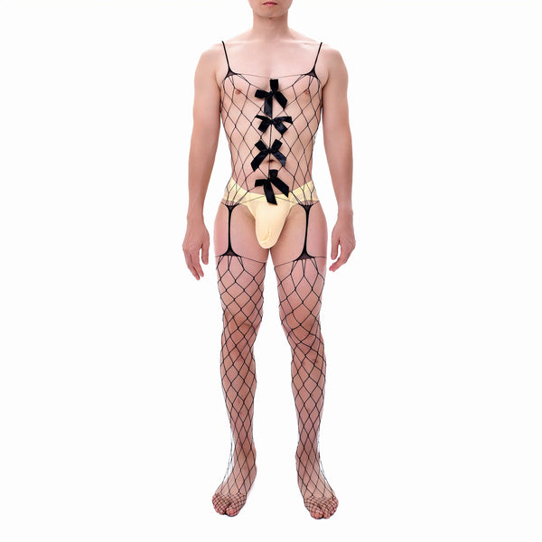 Front-facing model wearing a black fishnet bodystocking with four satin bows and an open crotch