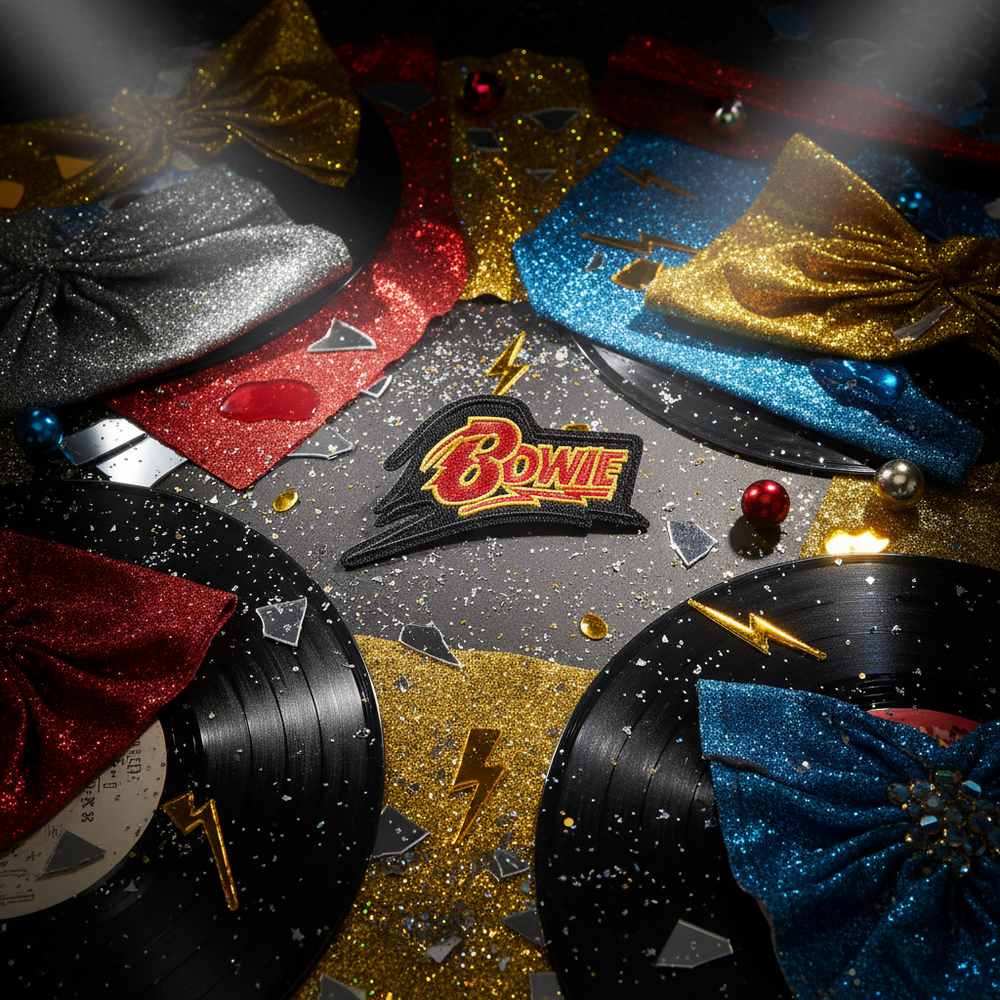Bowie Iron On Embroidered Patch centered among glittery red, gold, and blue bowties, vinyl records, confetti