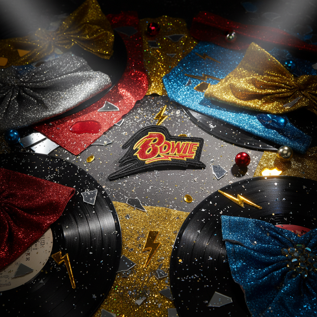 Bowie Iron On Embroidered Patch centered among glittery red, gold, and blue bowties, vinyl records, confetti
