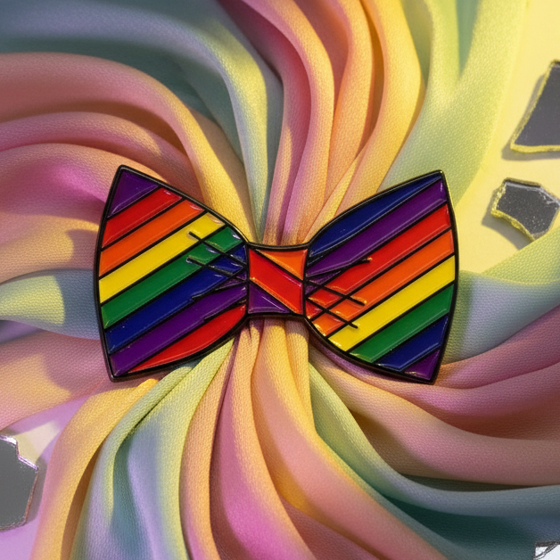 Close-up of a rainbow-striped bow tie enamel pin on pastel fabric