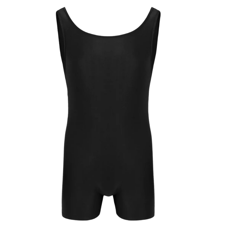 Front view of a black sleeveless unitard with a scoop neckline and short legs