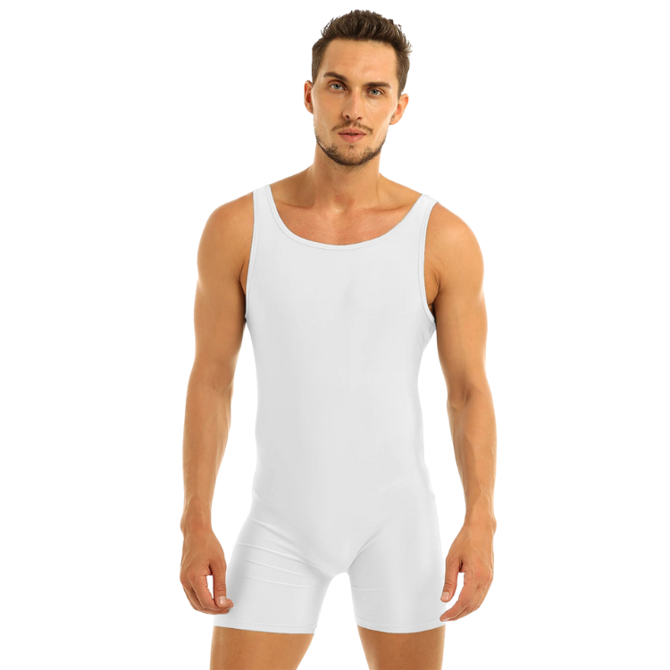 Front-facing model wearing a fitted white sleeveless scoop-neck leotard