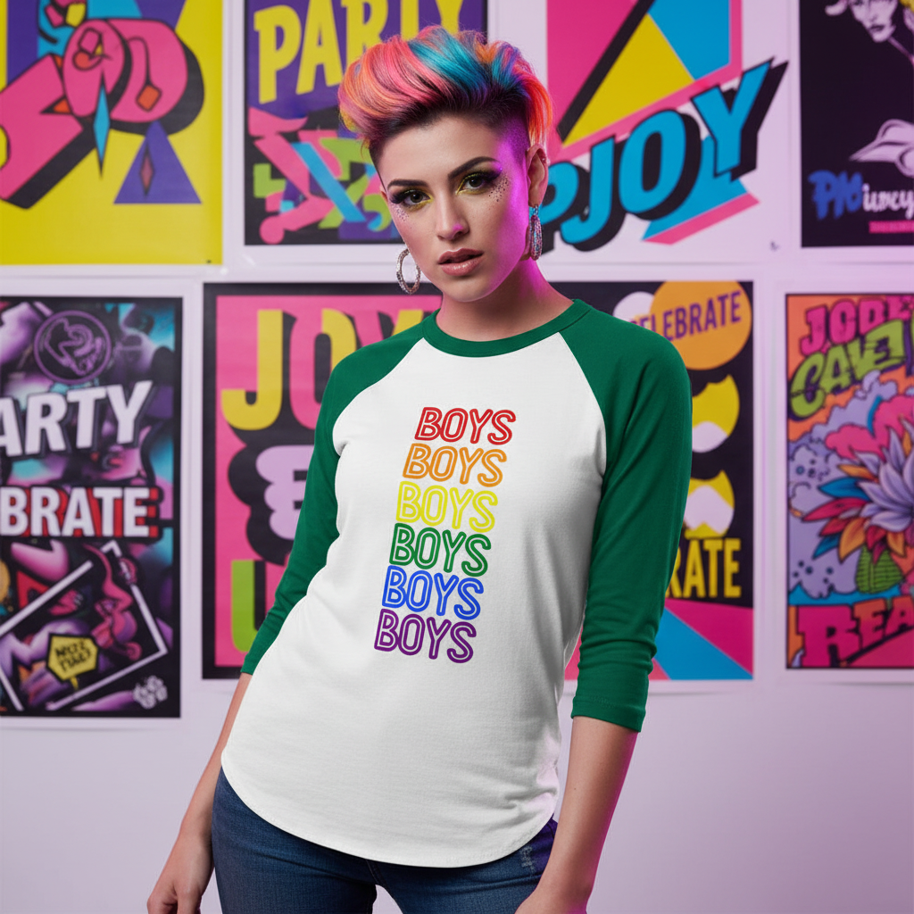A white and green 3/4 sleeve raglan shirt reading “BOYS” in rainbow font, worn by a person with bold makeup and bright hair
