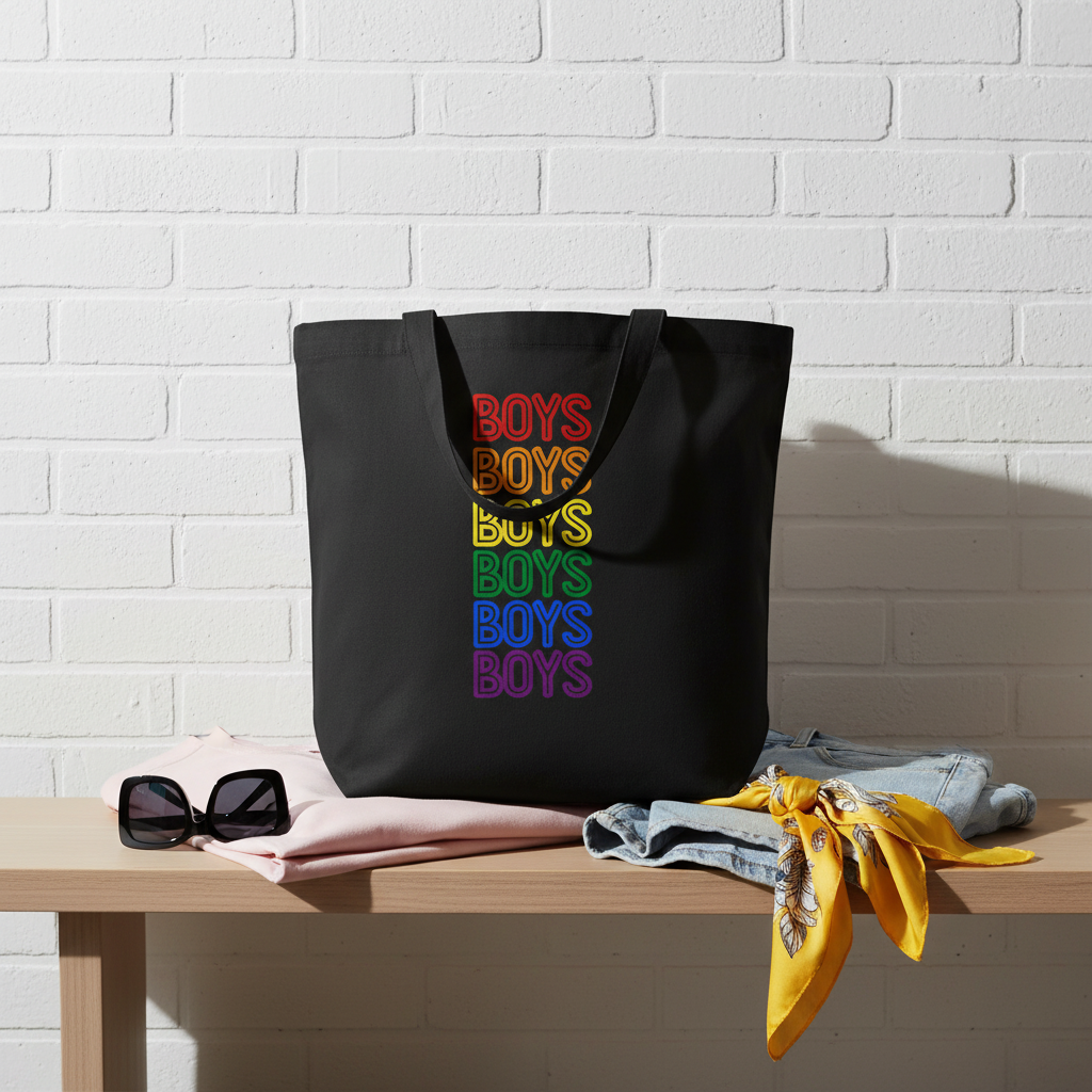 Black organic cotton eco tote bag with “BOYS” in rainbow colors six times, on a bench by sunglasses, jeans, pink top