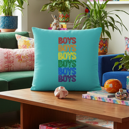 Boys Boys Boys pillow with rainbow letters on turquoise fabric rests on a wooden table