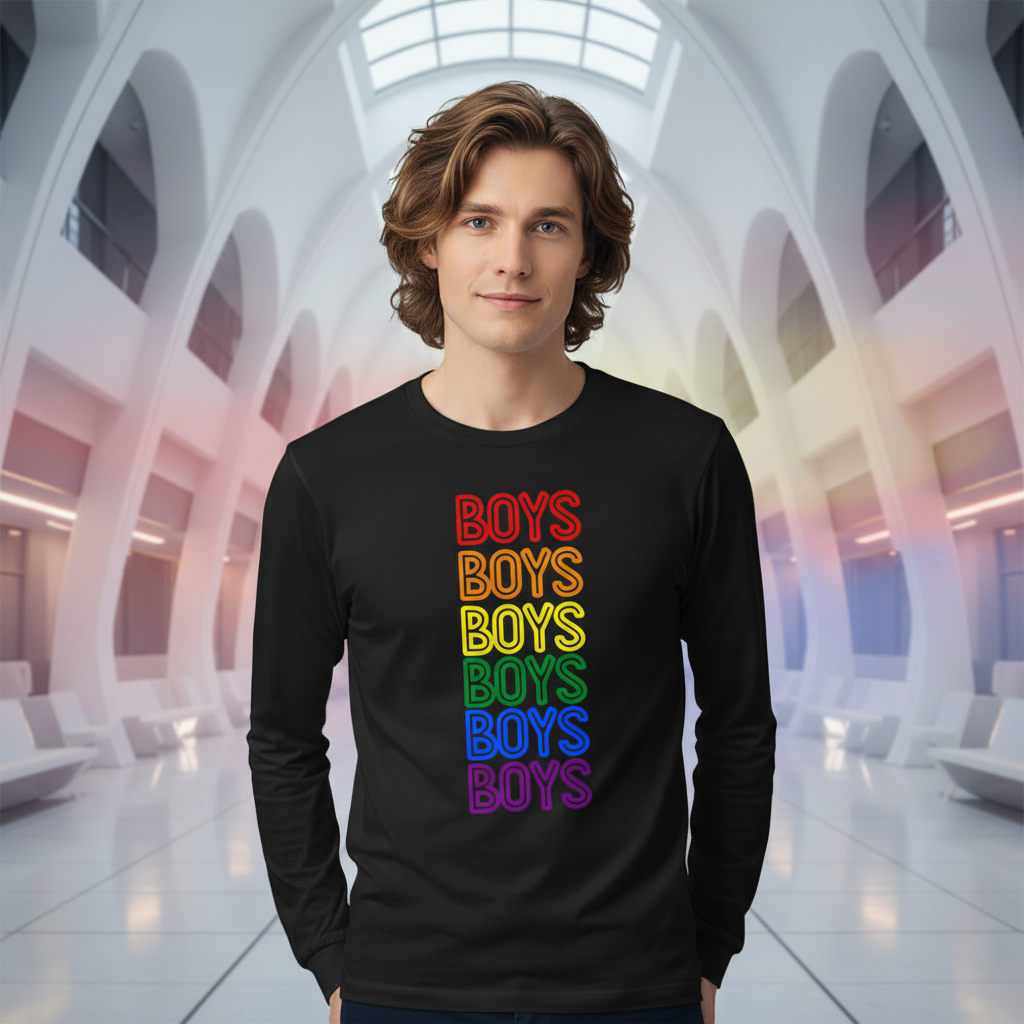 Unisex long sleeve tee in black, "BOYS" six times in rainbow colors